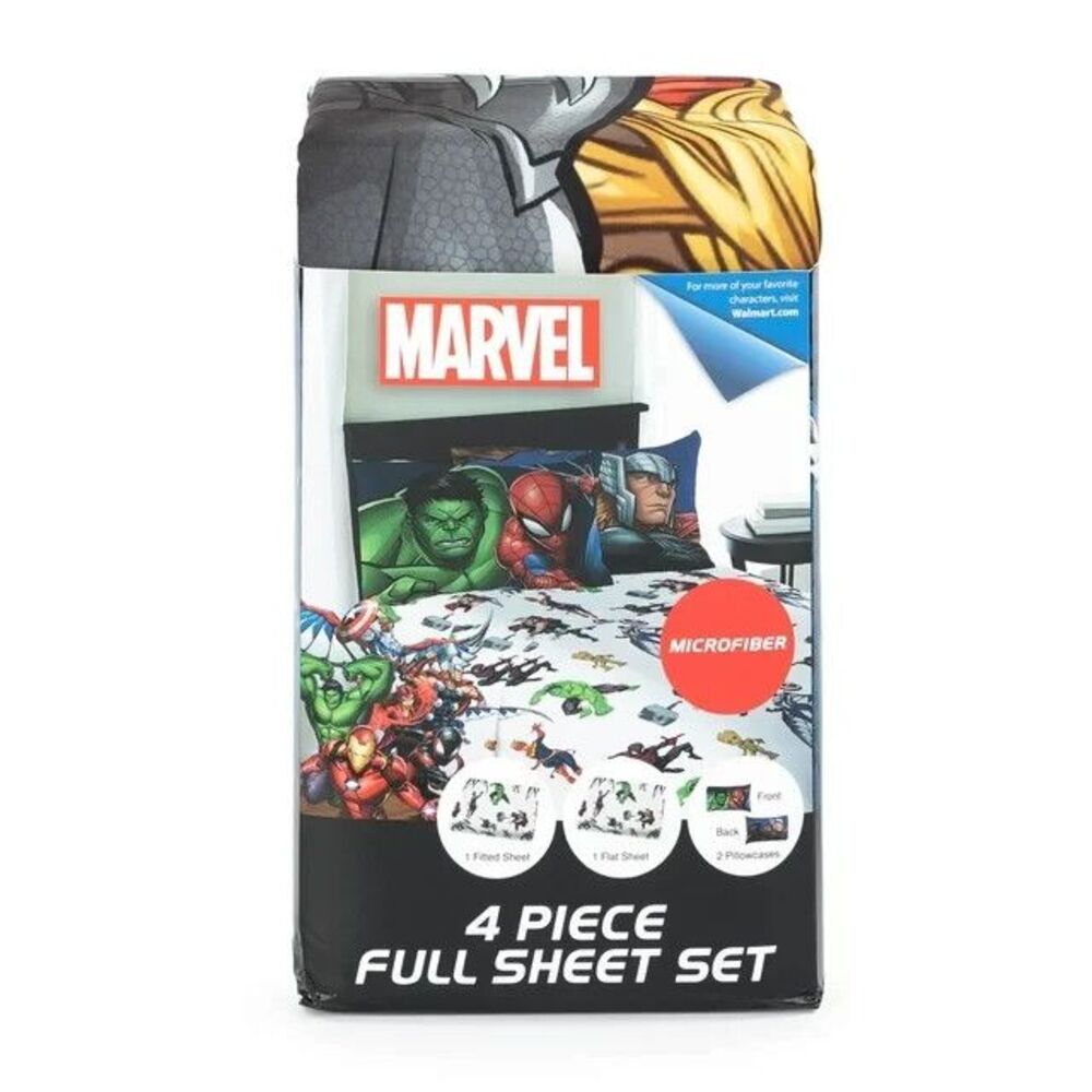 Marvel Avengers Full Sheet Set 4pc Microfiber Kids Bedding Spiderman Hulk Thor